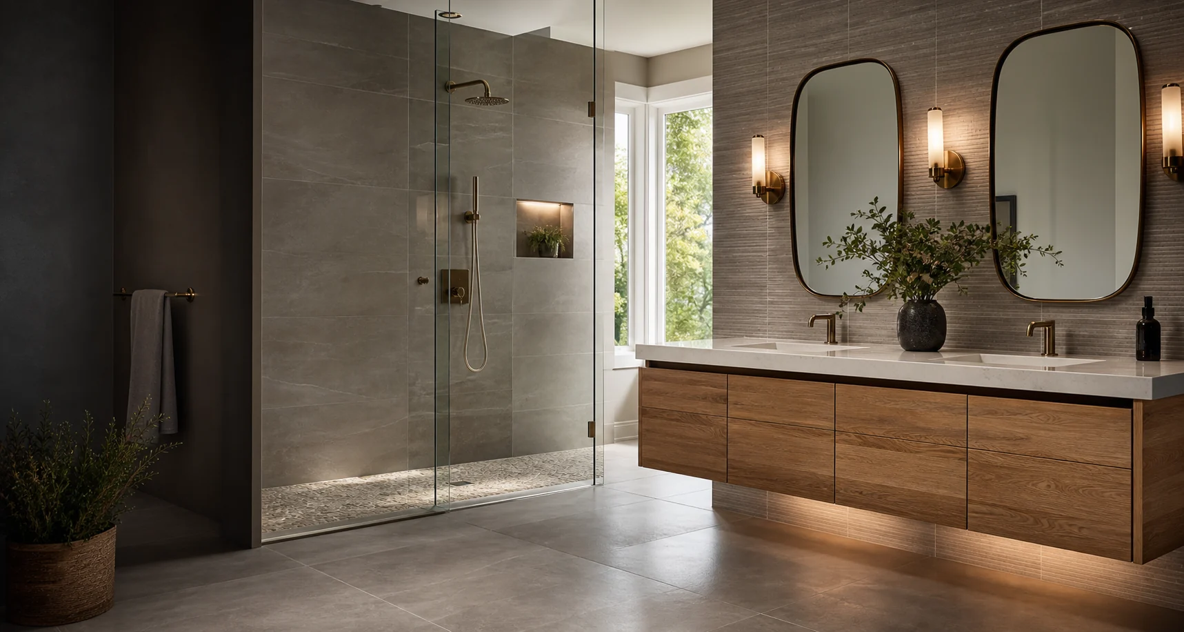 Modern bathroom with precisely aligned large-format tile and a glass shower