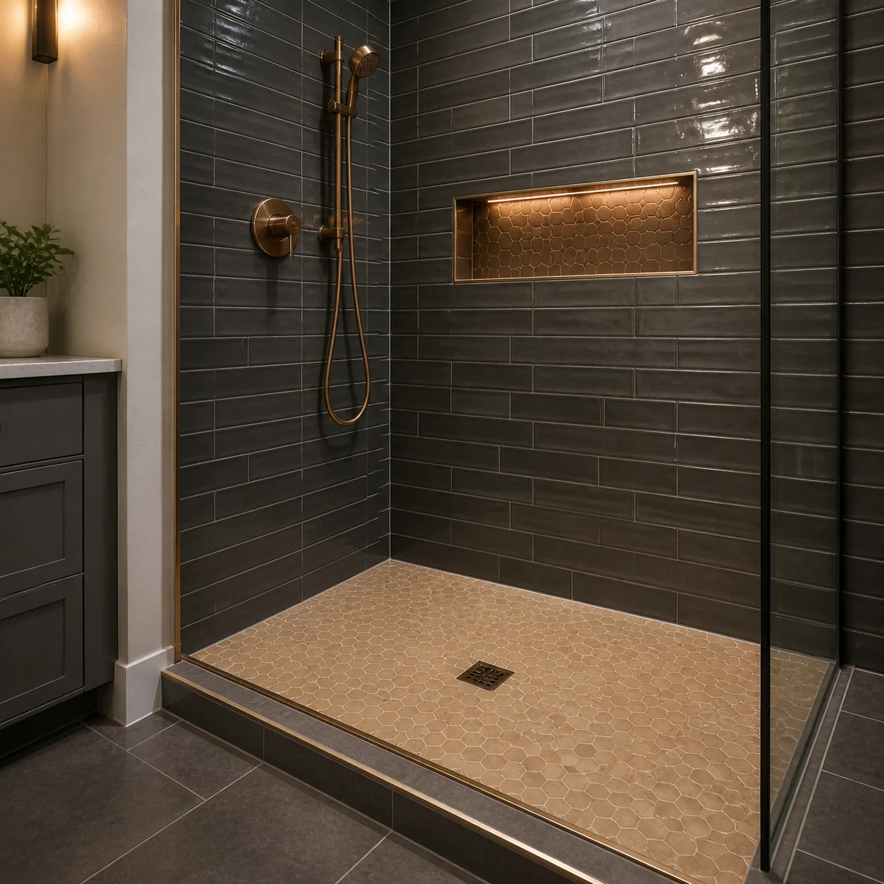 Close view of clean shower tile lines, niche trim, and mosaic floor